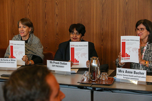 COP8 de la CCLAT à Genève en 2018 : la brésilienne Vera Da Costa, l'indienne Preeti Sudan et la française Anne Bucher